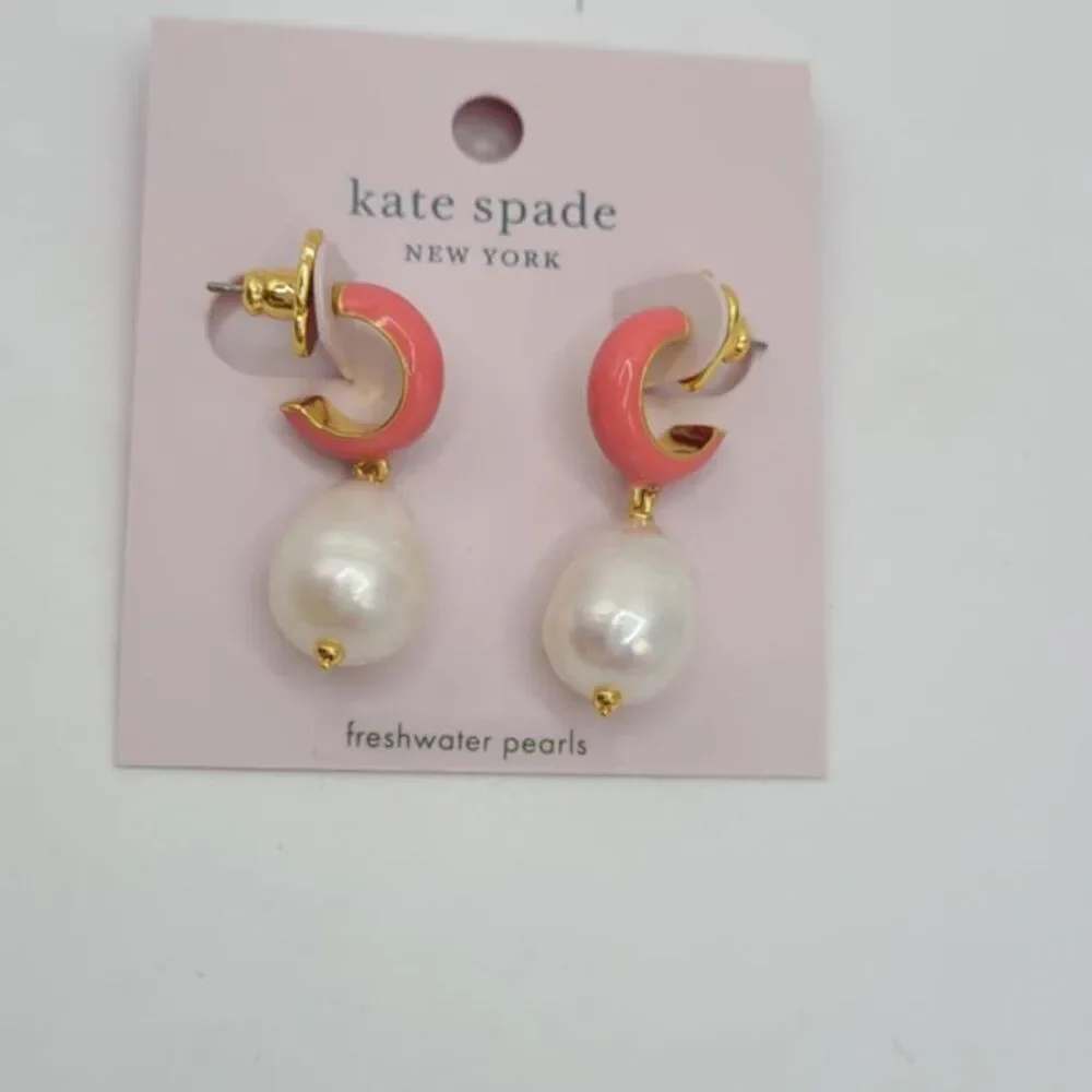 Kate Spade Pink Enamel Huggie Stud Hoop with Peal Dangle NWT! NEW!